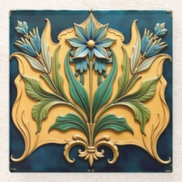 Art Nouveau Blue Floral Coaster ガラスコースター