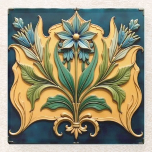 Art Nouveau Blue Floral Coaster ガラスコースター (正面)