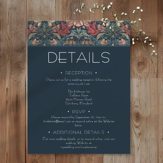 Art Nouveau Blue William Morris Floral Wedding エンクロージャーカード