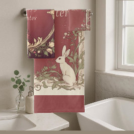 Art Nouveau Burgundy Easter Bunny Floral Vintage バスタオルセット
