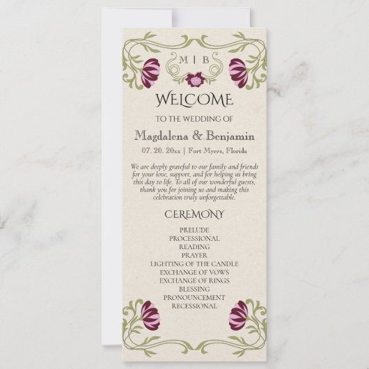 Art Nouveau Burgundy Pink Floral Wedding Program (正面)