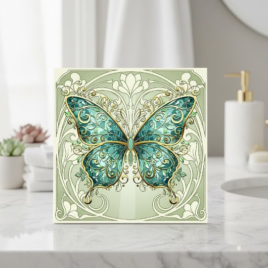 Art Nouveau Butterfly Pat#1 Teal ID1222 タイル