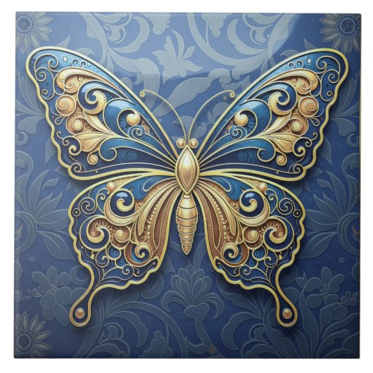 Art Nouveau Butterfly Pat#2 Blue ID1222 タイル (正面)