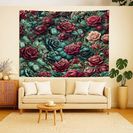 Art Nouveau Climbing Rose Teal Gold Tapestry タペストリー
