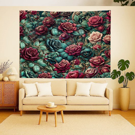 Art Nouveau Climbing Rose Teal Gold Tapestry タペストリー