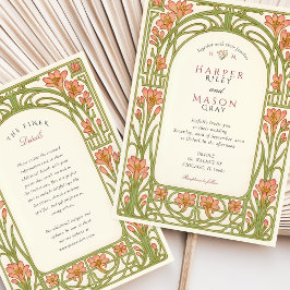 Art Nouveau Coral Lily Architectural Wedding 招待状