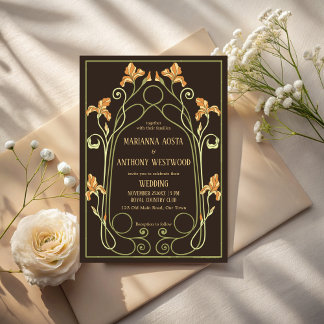 Art nouveau dark brown elegant wedding 招待状
