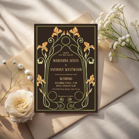 Art nouveau dark brown elegant wedding 招待状