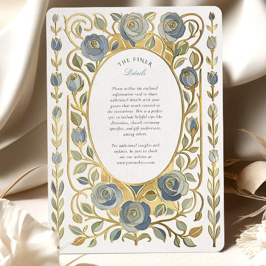 Art Nouveau Dusty Blue & Gold Roses Wedding 招待状