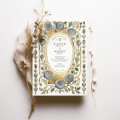 Art Nouveau Dusty Blue & Gold Roses Wedding 招待状