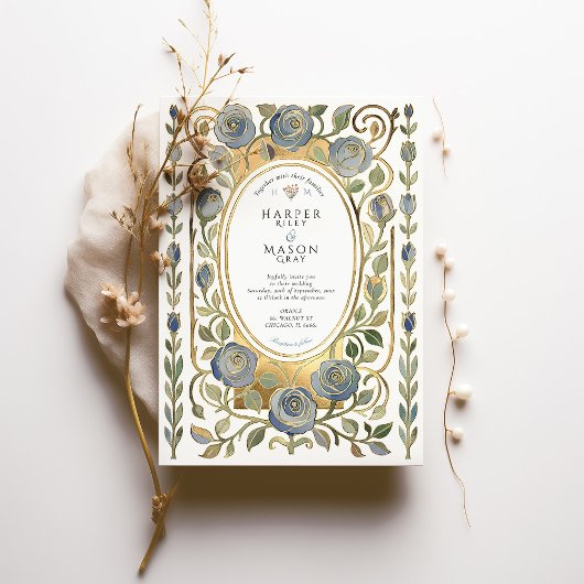 Art Nouveau Dusty Blue & Gold Roses Wedding 招待状