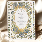 Art Nouveau Dusty Blue & Gold Roses Wedding 招待状