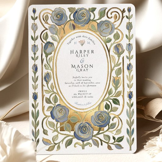 Art Nouveau Dusty Blue & Gold Roses Wedding 招待状