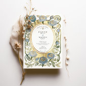 Art Nouveau Dusty Blue & Gold Roses Wedding 招待状