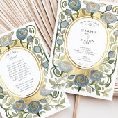 Art Nouveau Dusty Blue & Gold Roses Wedding 招待状