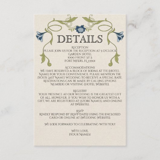 Art Nouveau Dusty Blue Navy Flowers Green Wedding エンクロージャーカード (正面)