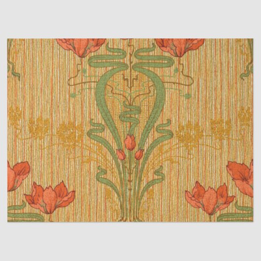 Art nouveau elegant floral poppy red gold green  薄葉紙 (正面)