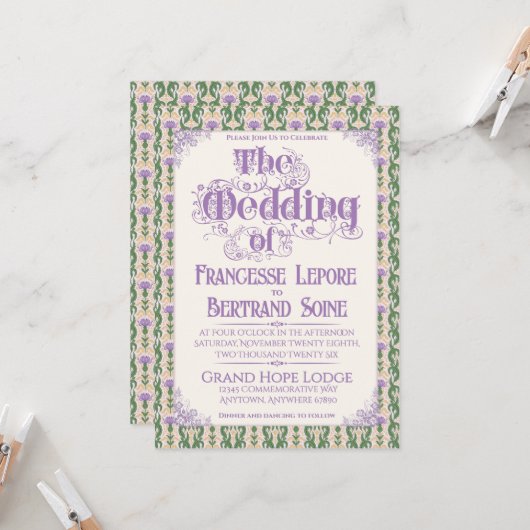 Art Nouveau Elegant Thistle Butter Yellow 招待状 (正面/裏面インサイチュ)