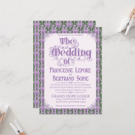 Art Nouveau Elegant Thistle Lilac 招待状 (正面/裏面インサイチュ)