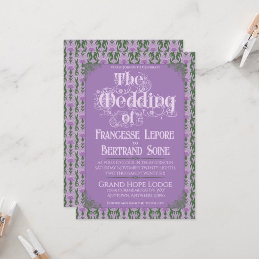 Art Nouveau Elegant Thistle Royal Lavender 招待状 (正面/裏面インサイチュ)