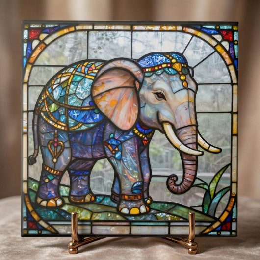 Art Nouveau Elephant Faux Stained Glass Mosaic Art タイル