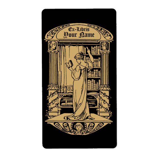 Art Nouveau Ex Libris Girl & Books Template ラベル (正面)