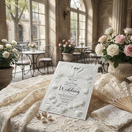 Art Nouveau Faux Embossed Swan Wedding 招待状