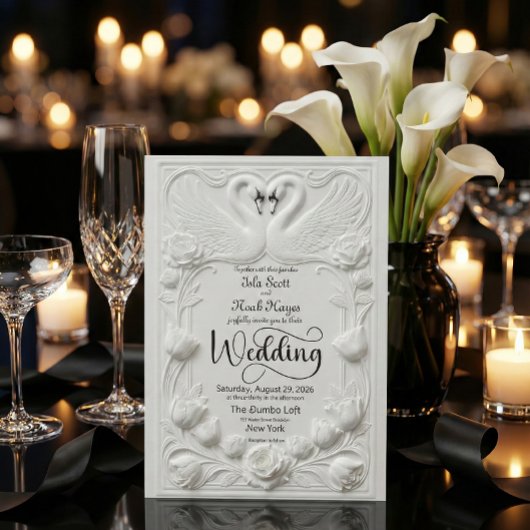 Art Nouveau Faux Embossed Swan Wedding 招待状