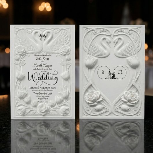 Art Nouveau Faux Embossed Swan Wedding 招待状