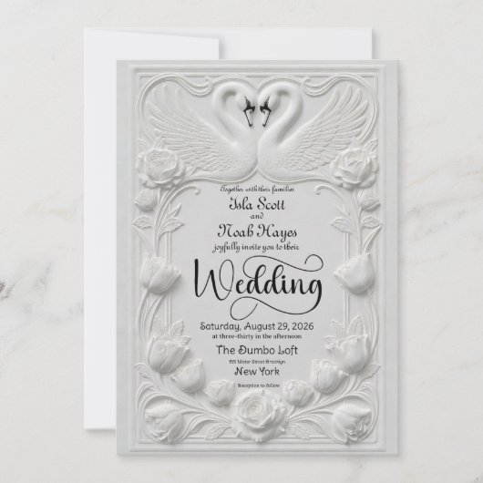 Art Nouveau Faux Embossed Swan Wedding 招待状 (正面)