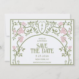 Art Nouveau Floral Wedding Green and Pink セーブザデート