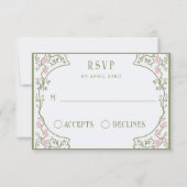 Art Nouveau Floral Wedding Green and Pink 出欠カード (正面)