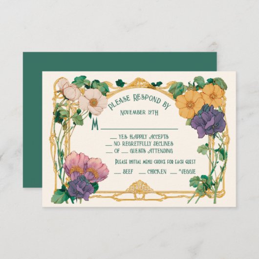 Art Nouveau Floral Wedding RSVP response card 招待状 (正面/裏面)