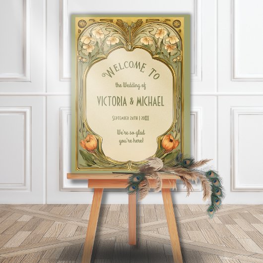 Art Nouveau Floral Wedding Welcome Sign ポスター