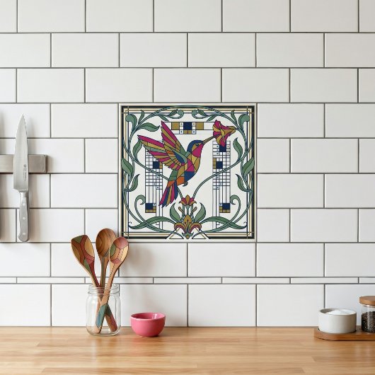 Art Nouveau Geometric Bird Flower Ceramic Tile タイル