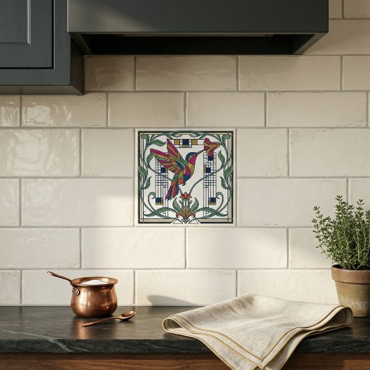 Art Nouveau Geometric Bird Flower Ceramic Tile タイル