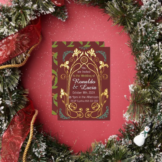 Art Nouveau Gold Green Botanical Invitation 箔招待状 (インサイチュ)