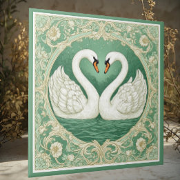 Art Nouveau Green Swan Couple Lake Floral Motifs  タイル