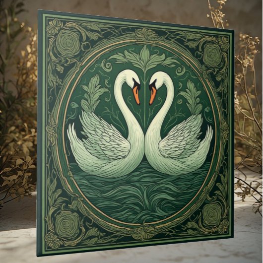 Art Nouveau Green Swan Lover Couples Ethereal Lake タイル