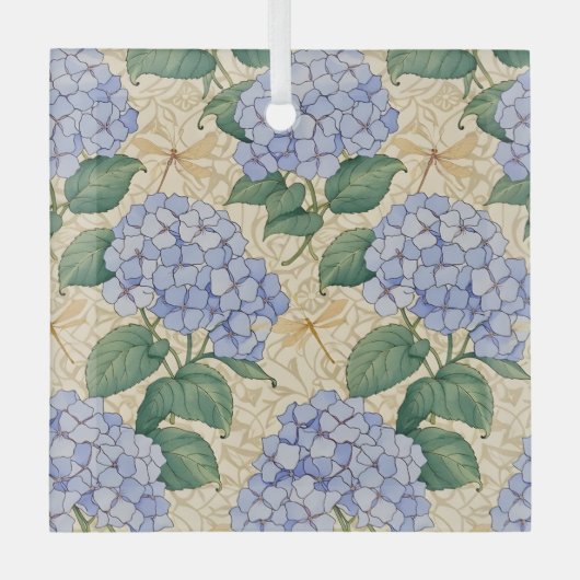 Art Nouveau Hydrangea Pattern with Dragonflies ガラスオーナメント (正面)