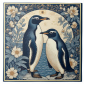 Art Nouveau Ice Birds Penguin Couple Floral Decor  タイル (正面)