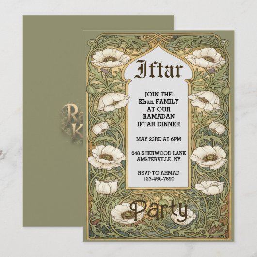 Art Nouveau Iftar Poppy Flower Invitation 招待状 (正面/裏面)