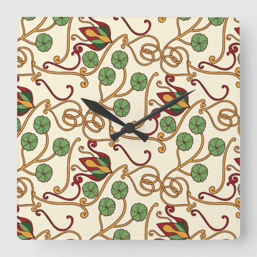Art Nouveau-inspired floral design スクエア壁時計 (正面)