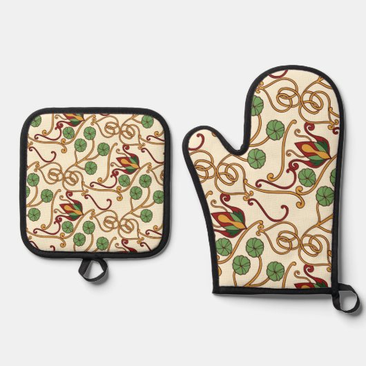 Art Nouveau-inspired floral design 鍋つかみ&鍋敷きセット (正面)