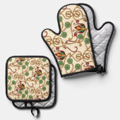 Art Nouveau-inspired floral design 鍋つかみ&鍋敷きセット (正面/裏面)
