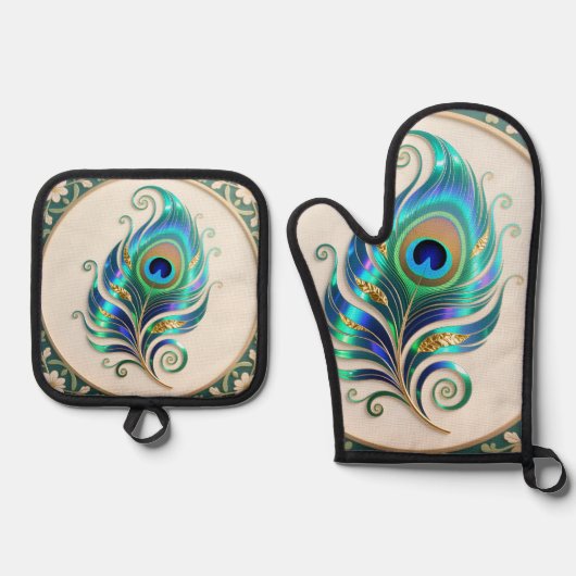 Art Nouveau Iridescent Peacock Feather 鍋つかみ&鍋敷きセット (正面)
