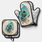 Art Nouveau Iridescent Peacock Feather 鍋つかみ&鍋敷きセット (正面/裏面)