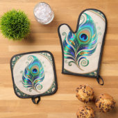 Art Nouveau Iridescent Peacock Feather 鍋つかみ&鍋敷きセット (トップダウン)