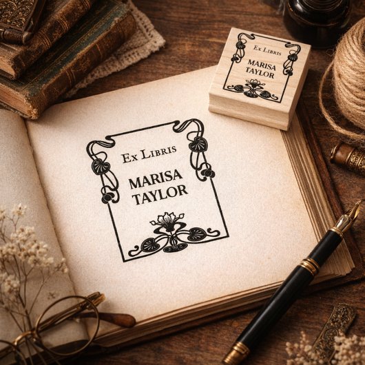 Art nouveau lily frame ex libris ラバースタンプ