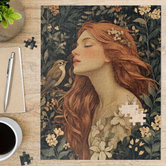 Art Nouveau Maiden Floral Bird Fine Art ジグソーパズル